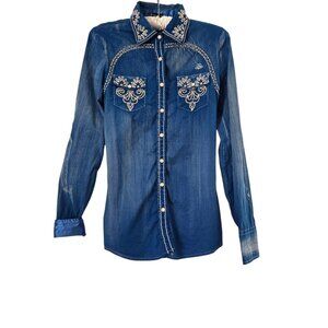 Roar Blue Distressed Western Embroidered Rhinestone Embellished Pearl Snap Shirt